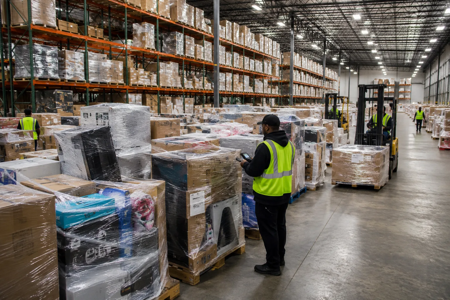 Liquidation pallets wrapped and stacked in the warehouse